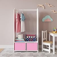 URBNLIVING Kids MDF Wooden Hanging Clothes Rail Wardrobe Storage Shelves with Inserts Mirror Freestanding Wardrobe (Light Pink)