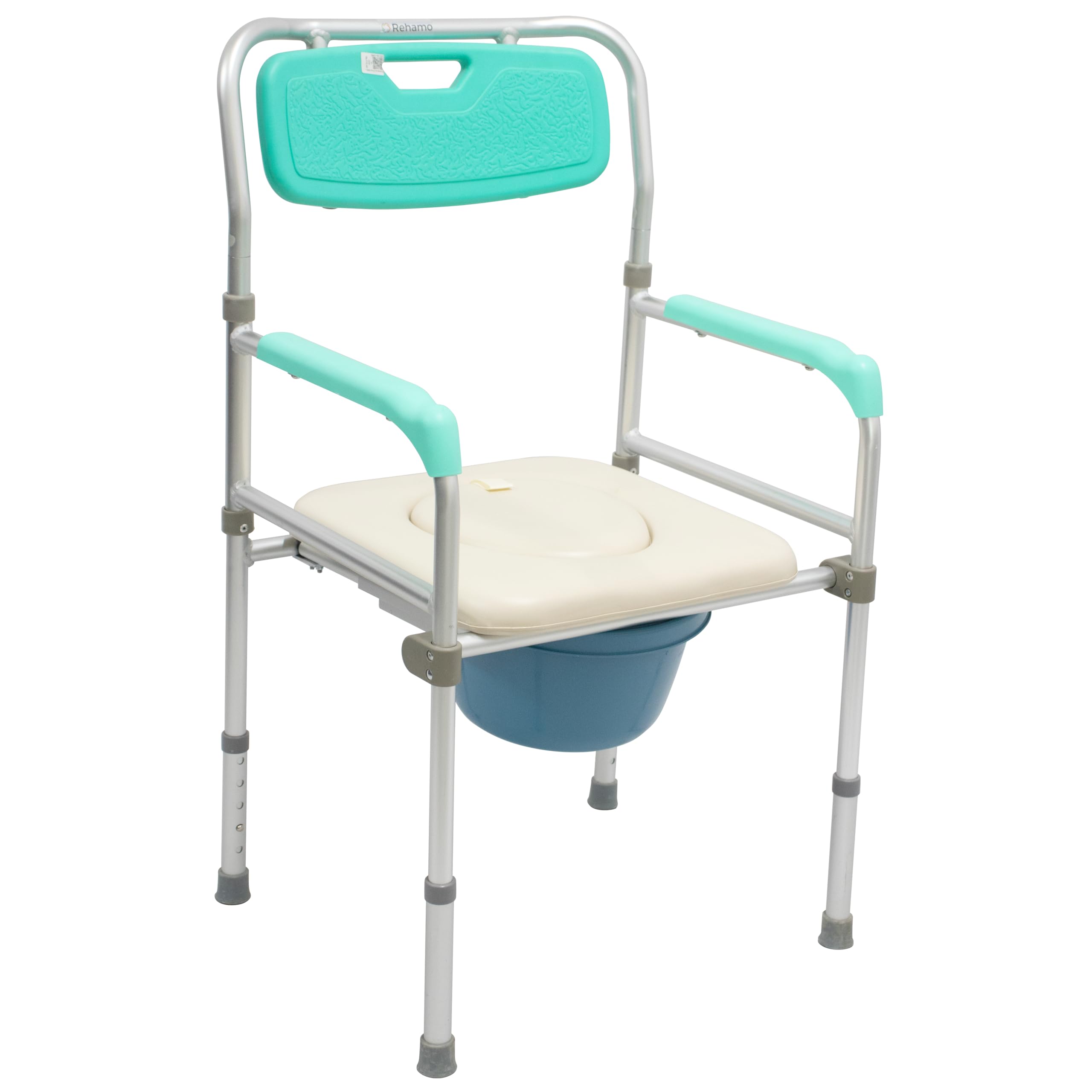 Rehamo Comy WBA Bedside Commode - Soft Seat, Folding Aluminum Frame, Armrest & Backrest, Removable Bin with Lid | Easy to Clean, Water-Resistant | Men & Women, Adults, Patients