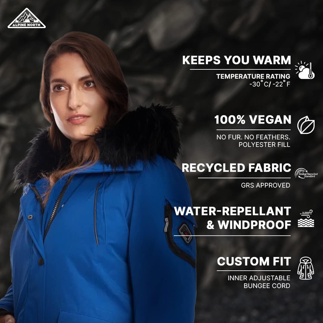 ALPINE NORTH Women’s Navy Vegan Down Long Parka Jacket (Plus Size) - Water Repellent, Windproof, Insulated Winter Coat with Faux Fur Hood