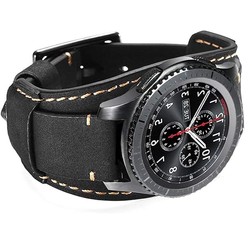 Compatible with Samsung Galaxy Watch 46mm/Galaxy Watch 3 45mm/Gear S3 Frontier/Classic Bands, 22mm Genuine Leather Cuff Bracelet Replacement Strap with Stainless Steel Buckle Men Women (Black)
