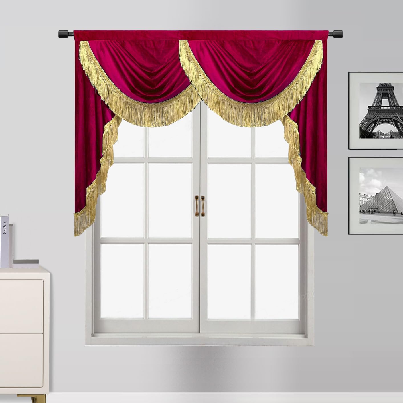 Luxury Red Velvet Swag Waterfall Curtain Valance with Tassels for Living Room Velvet Privacy Window Curtain Topper for Bathroom Bedroom Rod Pocket Top 1 Panel W59 Inch