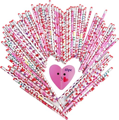 GiftExpress 48PC Valentines Day Assorted Pencils Heart Shape Pattern Wood Pencils for Valentine Day Goodie Bag Fillers Classroom Rewards School Supplies