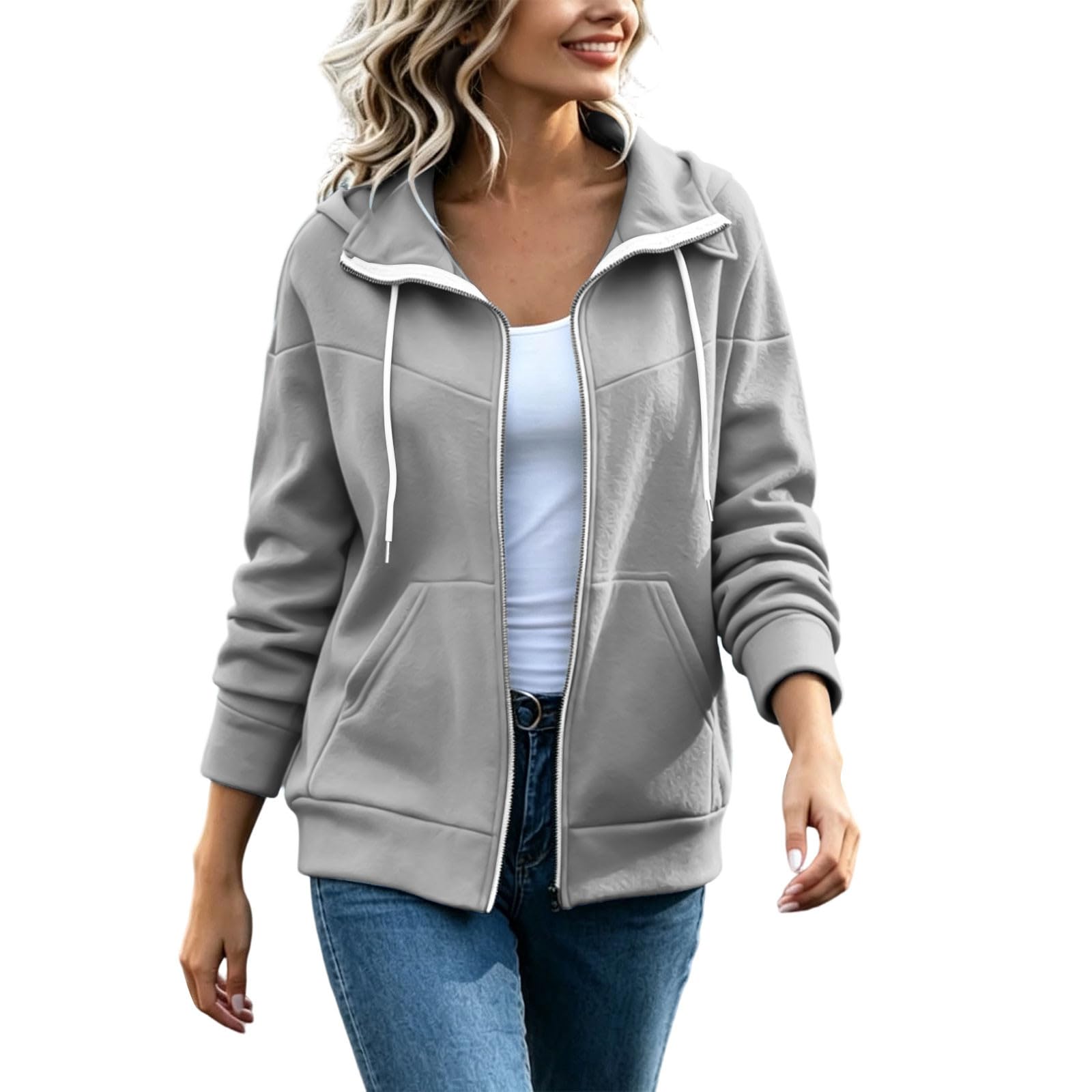 Veste Sweat Femme Zip Intégral Poches Col à Revers Manches Longues uni