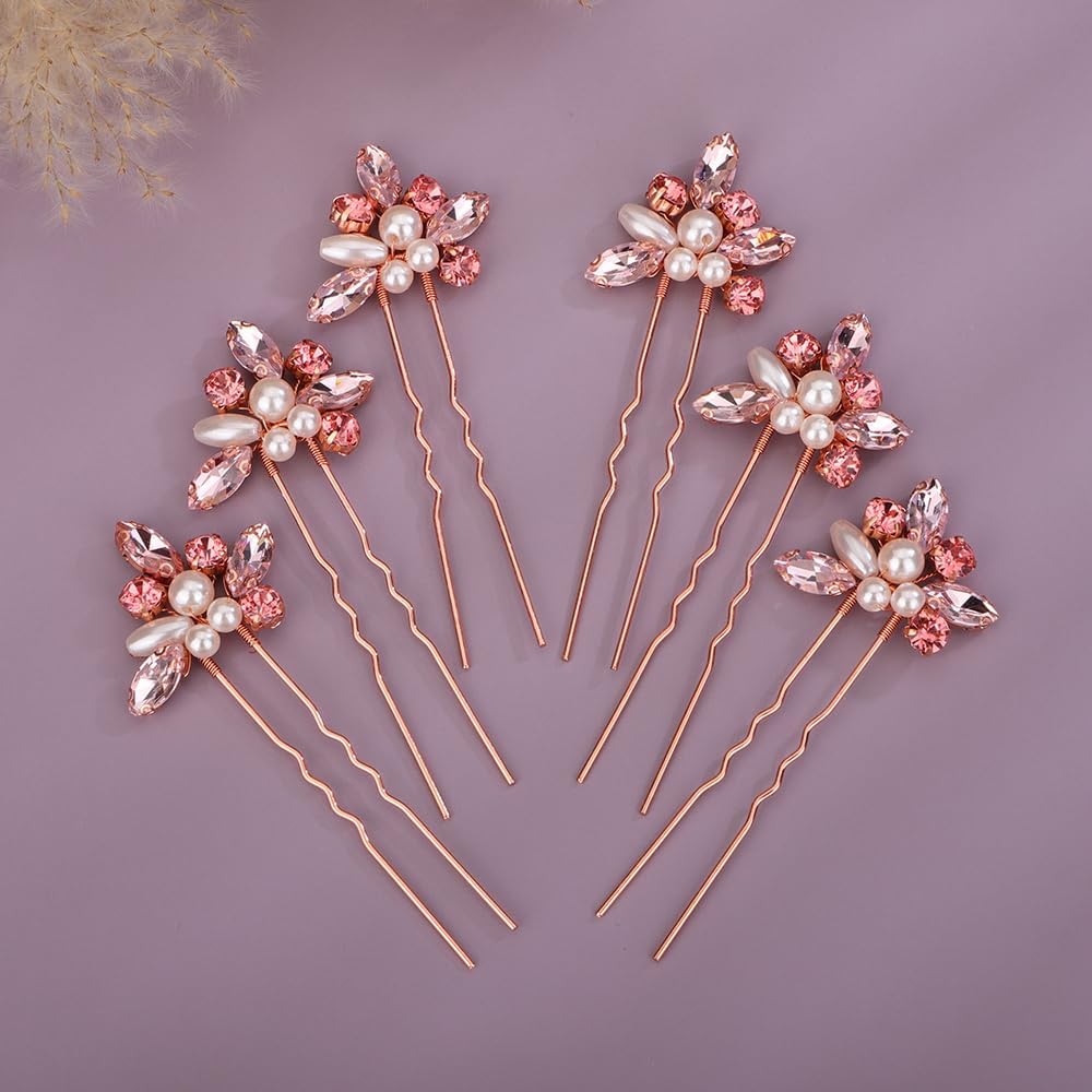 Juego de 6 horquillas de cristal rosa para mujeres y niñas, para boda, novia, peinado, joyería hecha a mano (rosa)