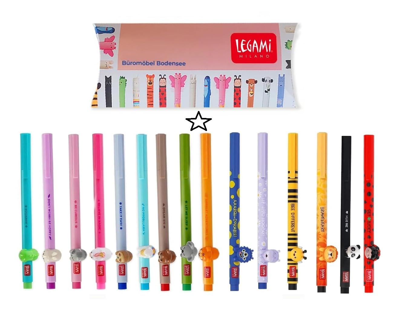 LEGAMI – Stylo gel – Amis mignons, lot de 15 avec coffret cadeau exclusif Abeille, Lion, hippopotame, monstre, panda, lama, licorne, lapin, tigre, koala, chat, ours en peluche, paresseux, coccinelle