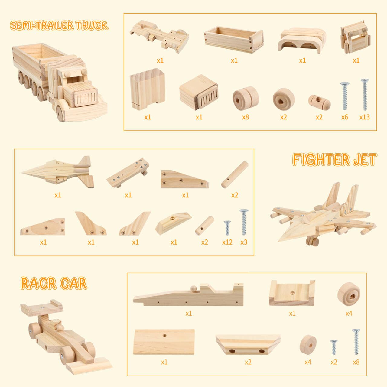 Jacootoys Juego de construcción de madera para niños, juego de construcción de madera para niños, kit de construcción de madera con pinturas y pinceles para niños y niñas, avión de combate, camión | STEM - Kit de pintura y pinceles para niños, juguete de