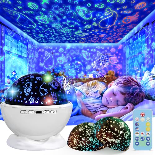 Night Light Projector for Kids Room with Remote and Timer 360 Rotation 3 Projection Films 18 Light Modes 8 Lullaby Songs Kids Room Light Projector Lamp Rechargeable Birthday Gifts for Boys Girls