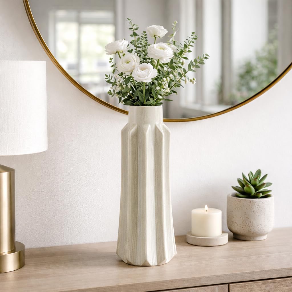 Refined Faceted Vase for Living Room Decor - Sculptural Home Display Accent with Vertical Panel Detailing - Decorative Flower Vase for Room, Bedroom, House, Office, and Table - 19", Taupe
