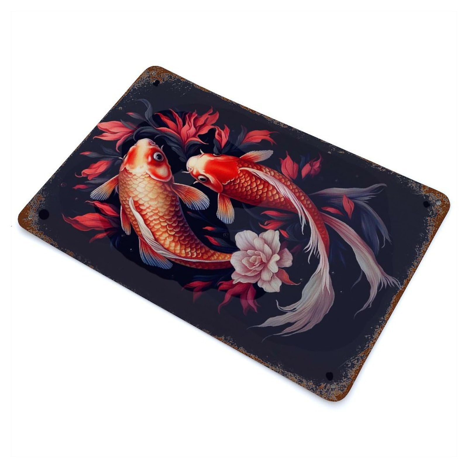 Rust Effect Japanese Koi Fish Rusty Metal Tin Sign 11.8"x7.9", Old School Wall Decor for Farmhouse, Kitchen And Entryway Decor