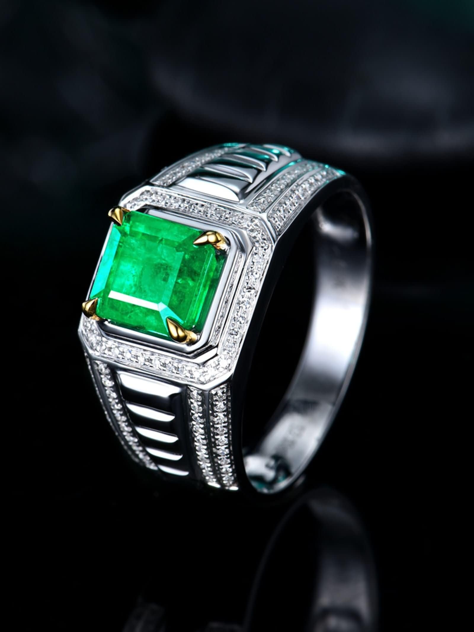 Pierścionki Fedina 9Kt / 14Kt / 18 Kt Białe Złoto Mężczyźni, 4 szczęki 1,5 ct Szmaragd Kwadratowy Diament, Pierścionek Ślubny Męski Zielony Srebrny