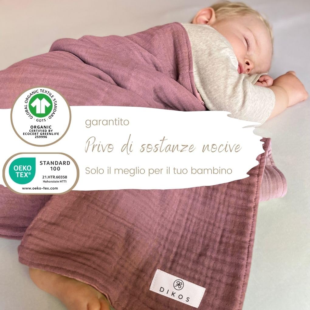 DIKOS Coperta Mussola 6 Strati Per Neonati - 100% Cotone Biologico GOTS | 70x100 Cm, Rosa Antico - Foto 8