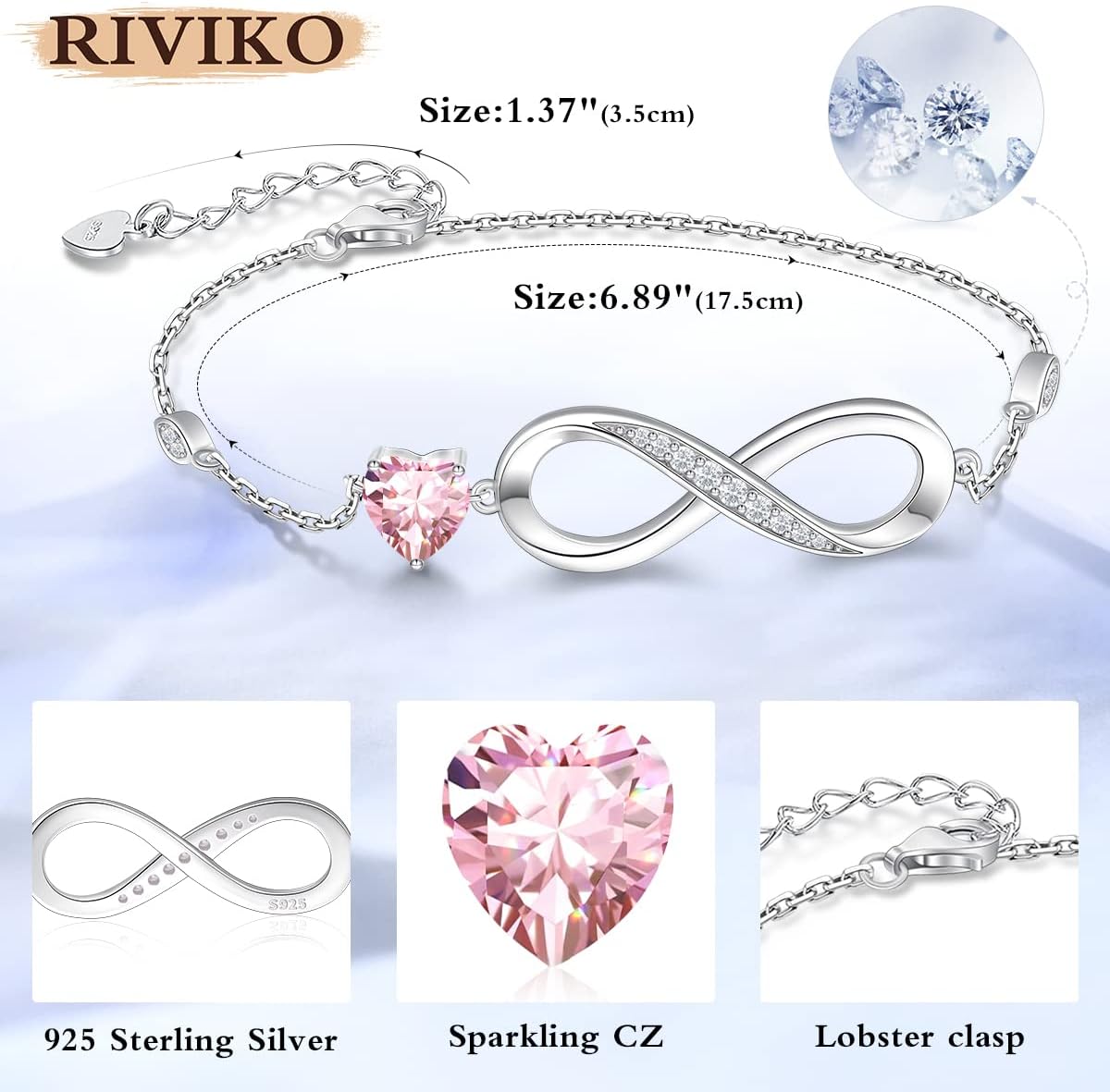 RIVIKO Infinity Love Heart Symbol Charm Bracelet for Women 925 Sterling Silver Adjustable Birthday Valentine’s Day Christmas Mothers Day Jewelry Gift for Mom Women Wife Her Friends - Image 5