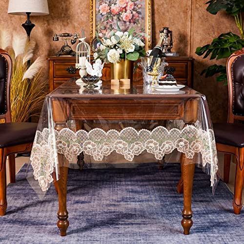 Sutavia Clear Vinyl Pvc Tablecloth With Rose Lace Transparent Table Protector Environmental Plastic Waterproof Oil-Proof For Dining Table Indoor Outdoor Party(Champagne Rose, Rectangle, 60"X84") #TOP10