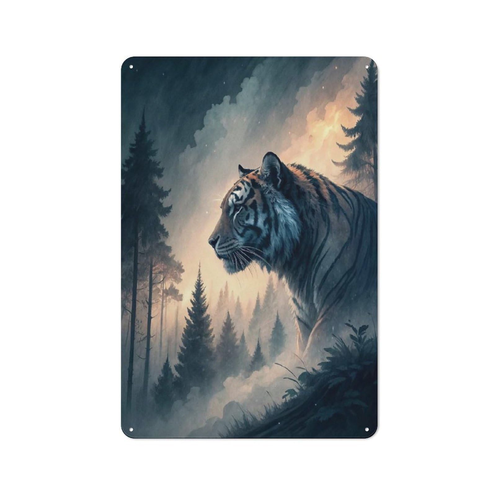 Junmoney Style-9 Tiger In A Misty Forest Printed Metal Sign 30X20cm For Café Or Home Bar, For Kitchen And Home Bar Decor, For Cafés, Pubs And Restaurants