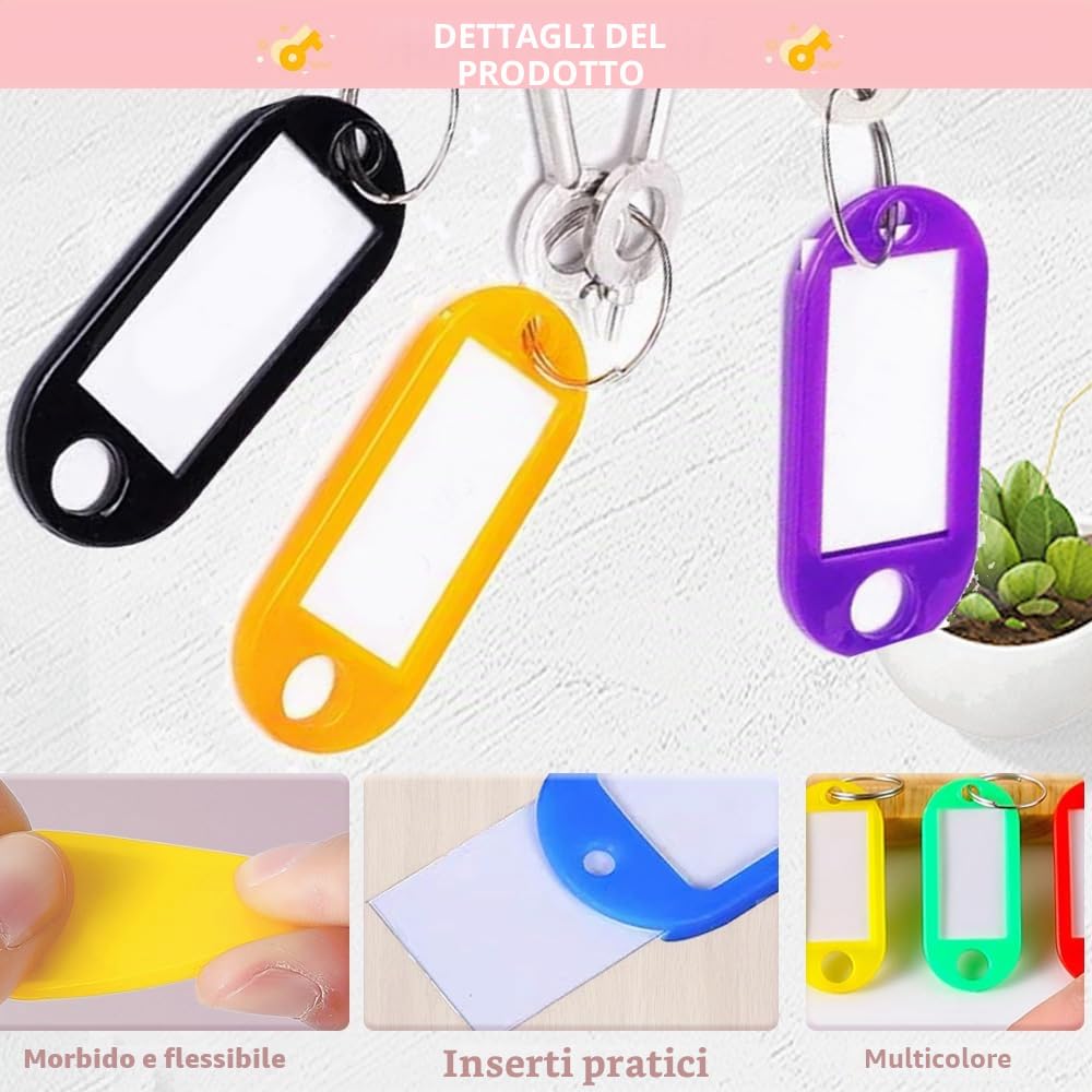 100 targhette portachiavi in plastica per portachiavi, targhette identificative, targhette per nome, etichette per bagagli, etichette con etichette ad anello diviso