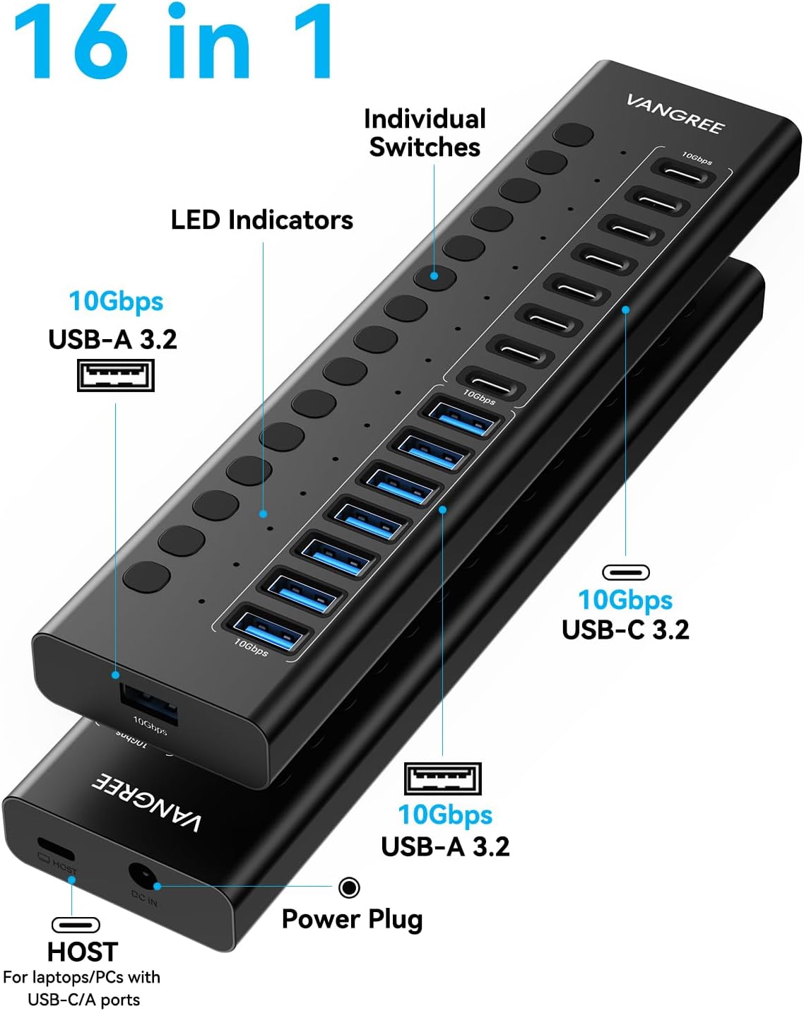 Powered USB Hub 3.2 Gen 2, VANGREE 16 Ports USB Hub (8 USB-A 3.2+8 USB-C 3.2), 10Gbps Aluminum Multiport Expansion Hub with 96W Power Adapter for PC Laptop HDD SSD Flash Drive
