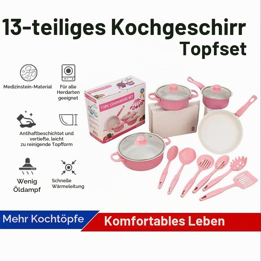 12PCS Non -Stick -Kochgeschirrset Cooking Pot Set mit Deckel für alles Kocher (Pink)