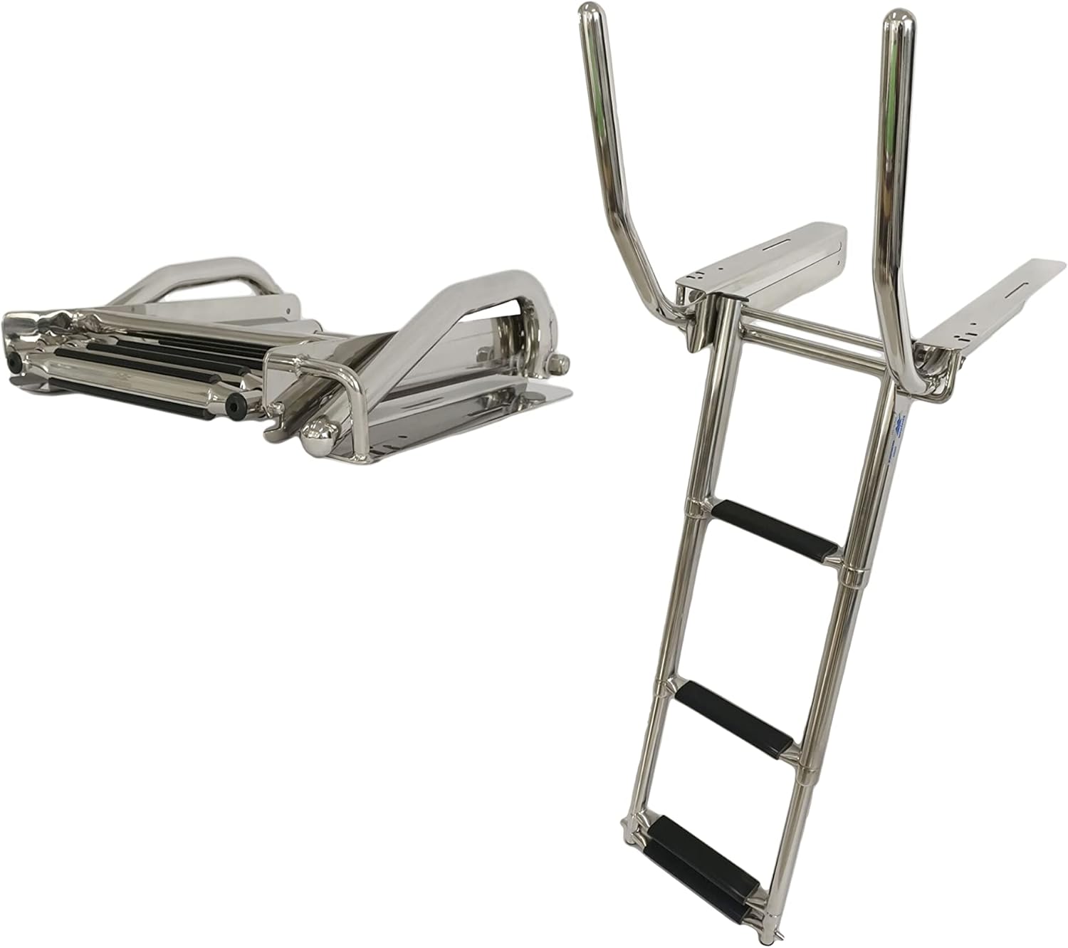 Vinland Marine 316 Stainless Steel 3 & 4-Step Under Platform Ladder with Retractable Boat Boarding Handle, Step Ladder with Handle, Ladders, Boat Swim Platform Ladders, Pontoon