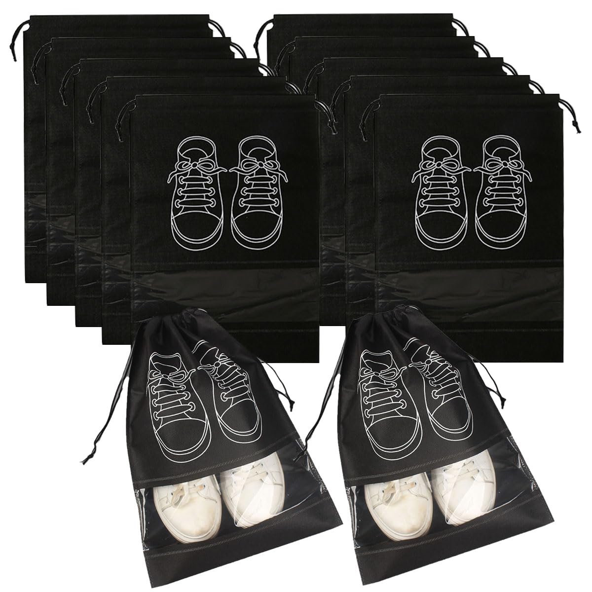 12-Pack Waterproof Shoe Storage Bags with Transparent Window - Large Capacity(44x32cm), Durable Non-Woven Fabric for Travel, Gym, and Sports Shoe Organization