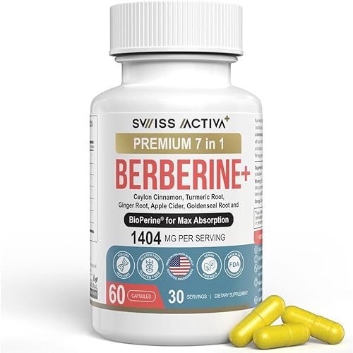 Swiss Activa+ Labs Suplemento 7 en 1 de berberina orgánica con bioperina | Canela de Ceilán | Raíz de cúrcuma | Raíz de jengibre | Vinagre de sidra