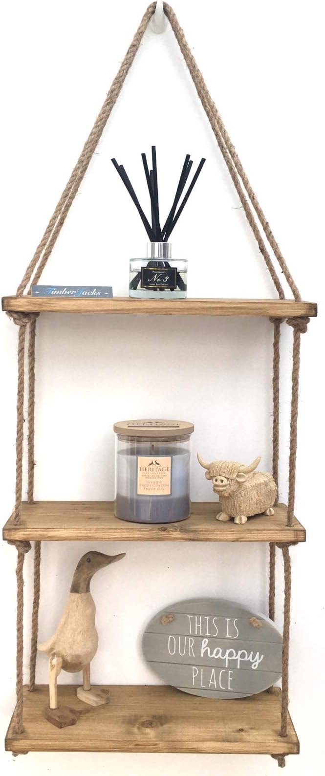 Walgreen® RUSTIC WOODEN HANGING ROPE SHELF - HANDMADE SOLID NATURAL WOOD FLOATING SHELVES (3 Tier)