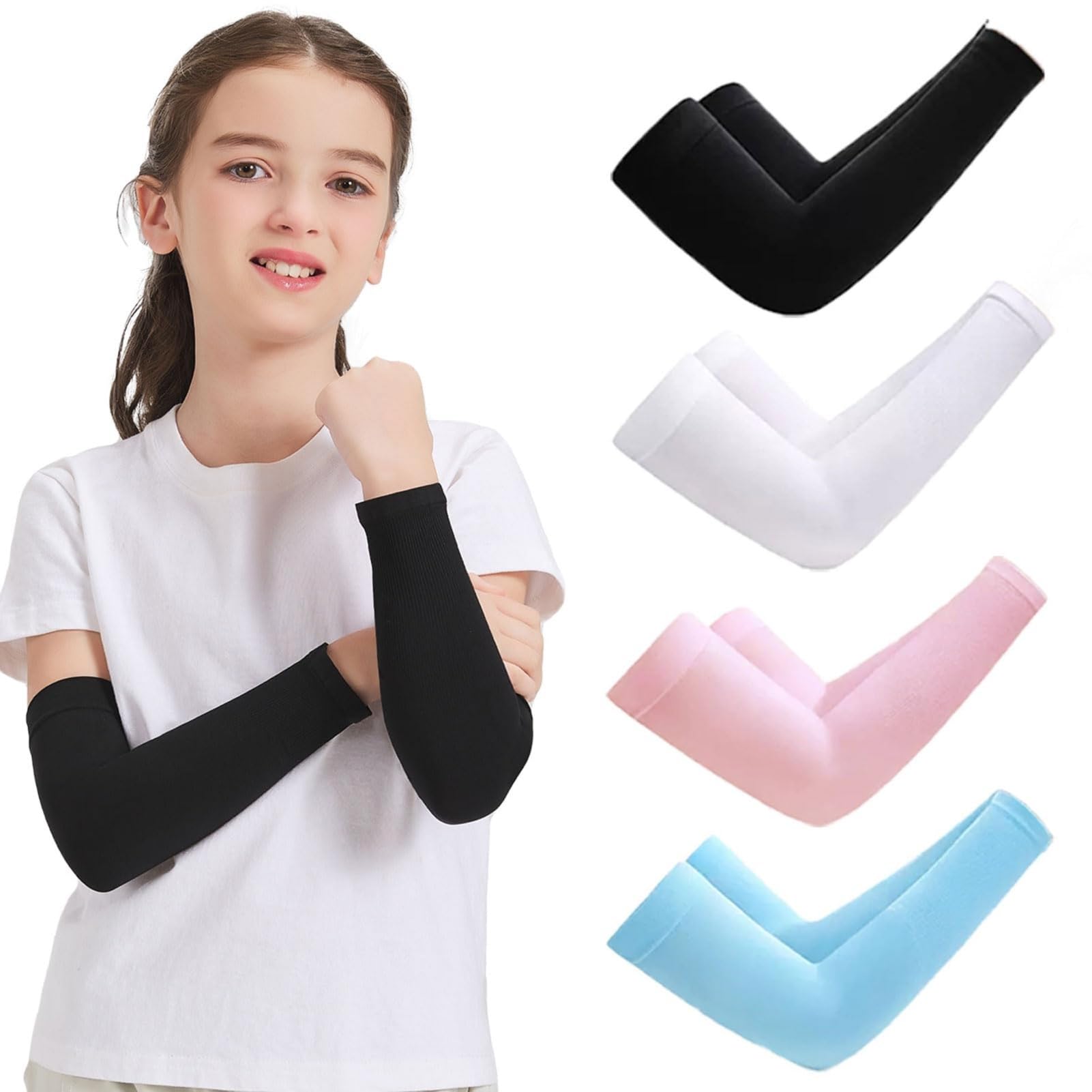 IOFLIGGA 4 Pairs Arm Sleeves for Kids,UV Sun Protection Cooling Arm Sleeves for Youth Boys Girls Toddler,Sports,Running,Baseball,Gaming (Black+White+Pink+Blue)