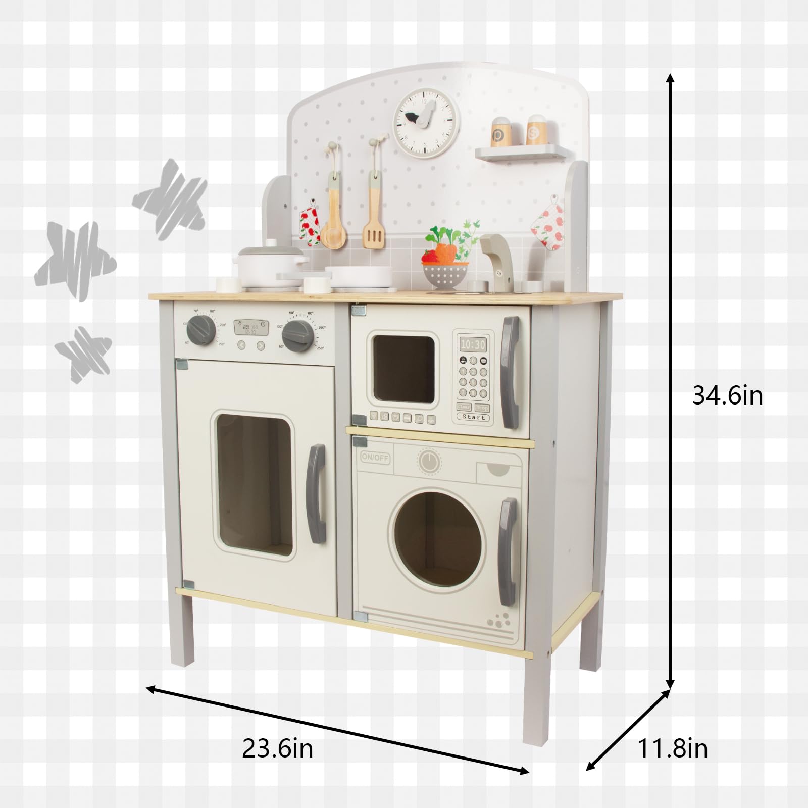 WOODENFUN Cucina giochi per bambini 3-8, in legno per bambini che giocano cucina Playset Chef Pretend Play Set per bambini piccoli, giocattoli da cucina regali per ragazzi ragazze (bianco)