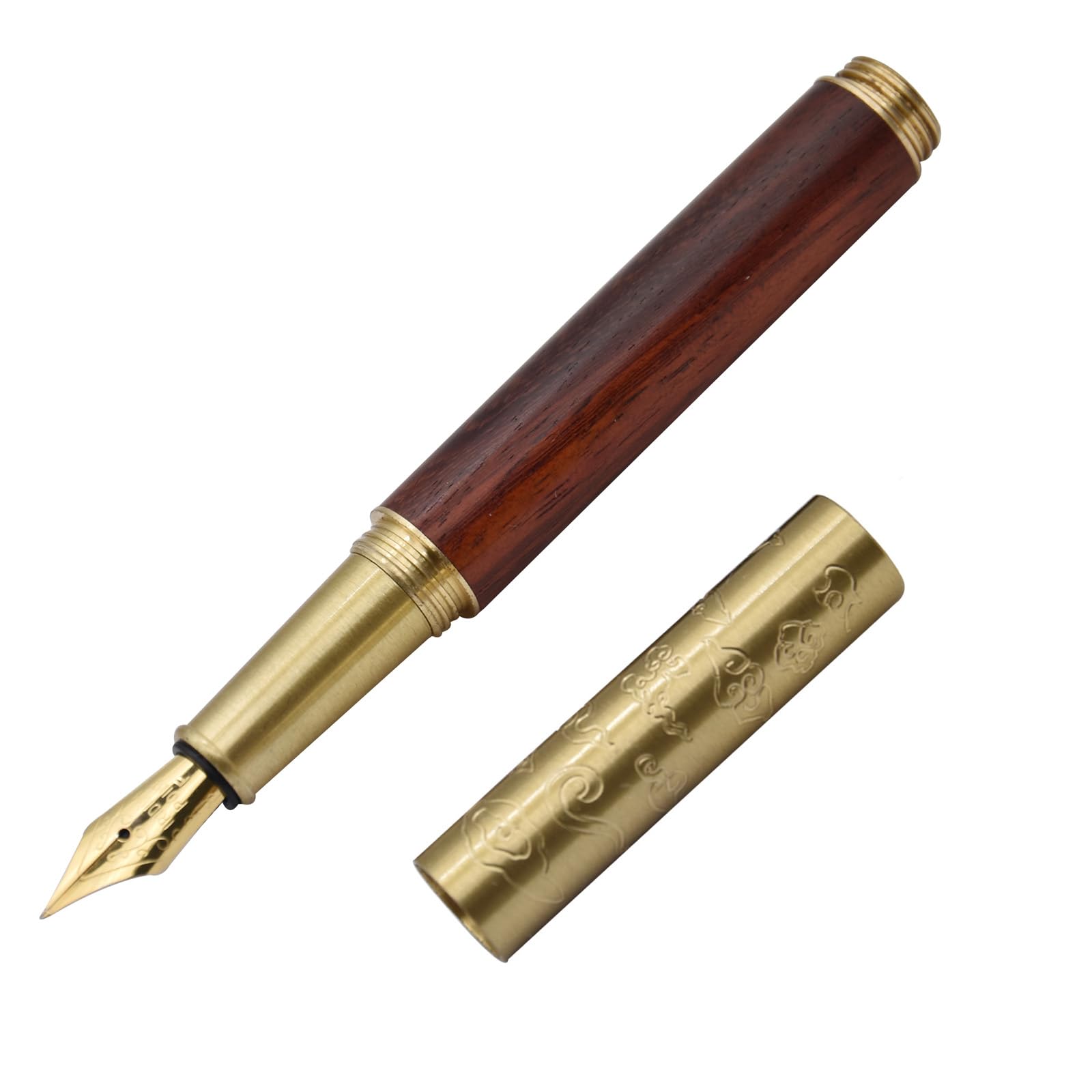 SIPLIV Handcrafted Auspicious Clouds Patterned Brass Wooden Fountain Pen Short Paragraph (101mm) Pocket Mini Travel Pen with 20 Pcs Black Ink Cartridges - Image 3