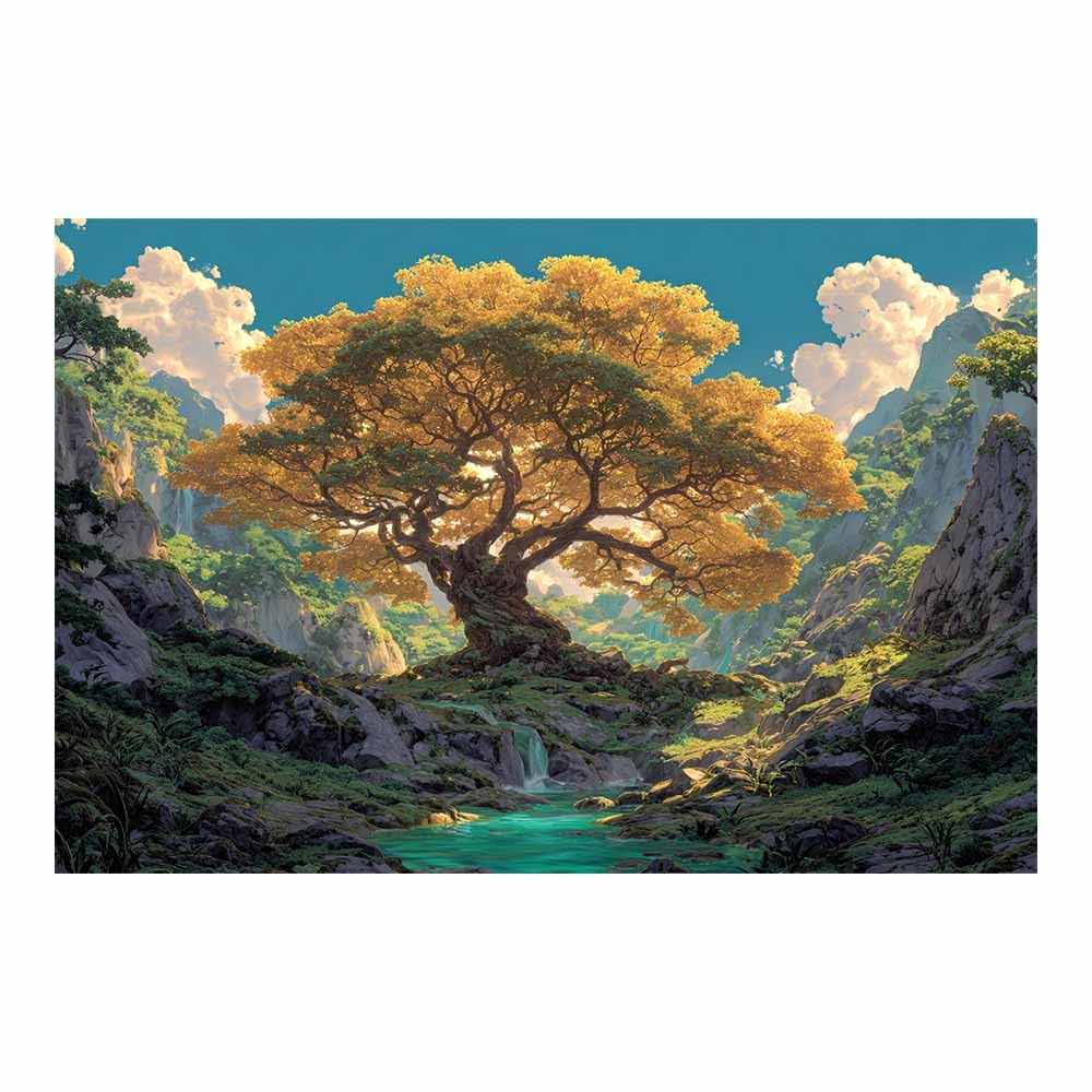 ZAMAEIU Tree of Life Painting Abstract Cliff-perching Tree Panoramic Canvas Prints Pictures for Living Room Bedroom Home Office Wall Decoration(yellow)-80x120cm Unframed