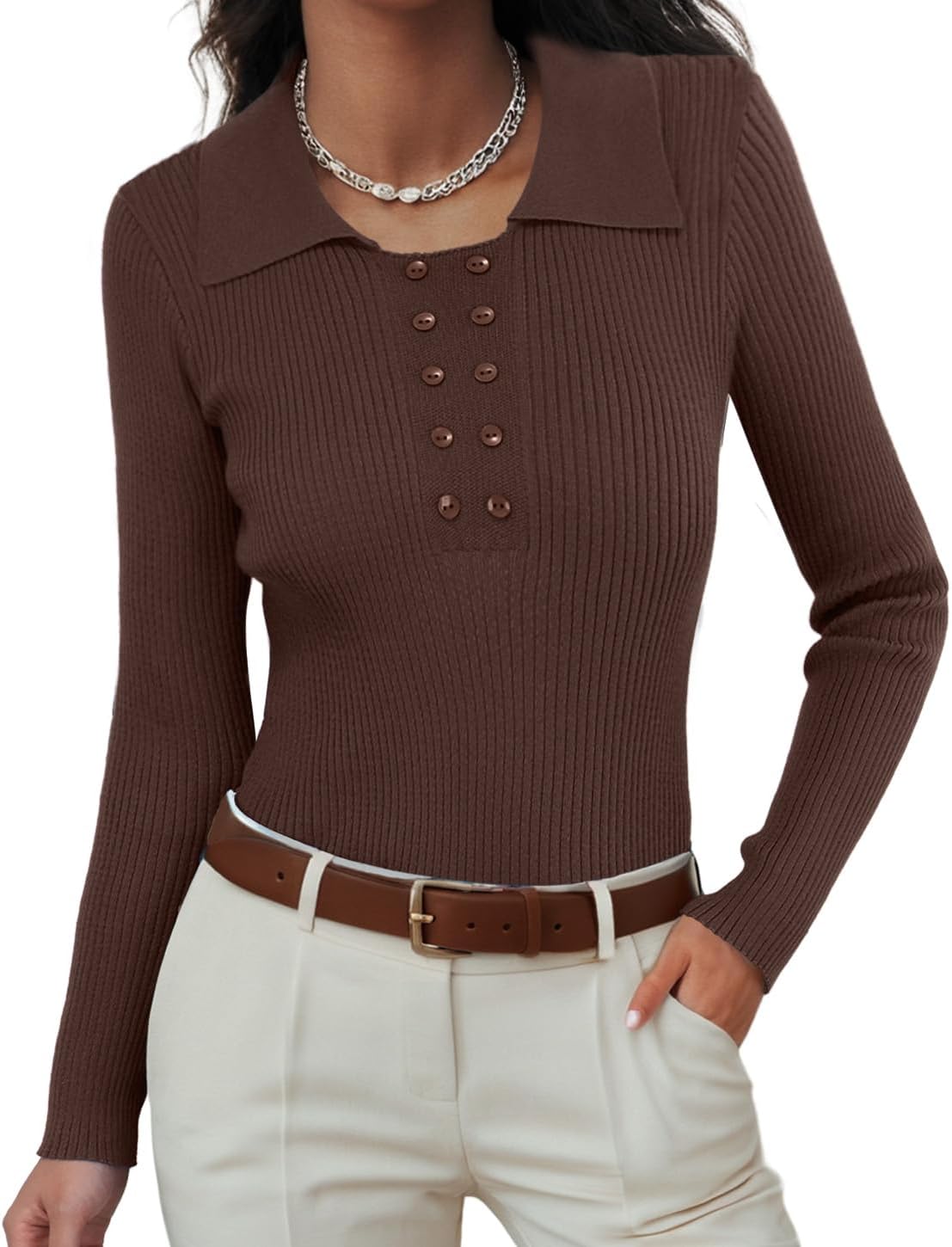 Ninee Womens Long Sleeve Pullover Sweaters Casual Lapel Crew Neck Button Down Tops Trendy Fall Knit Slim Fit Shirts