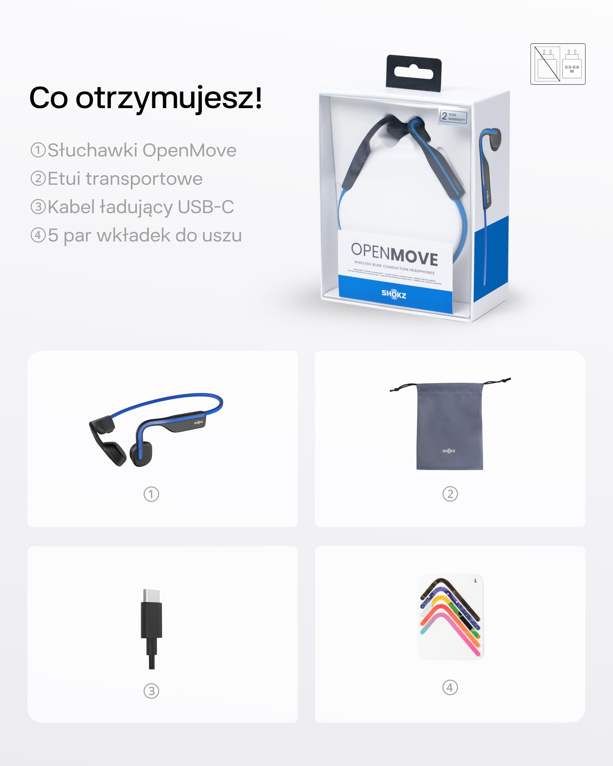SHOKZ OpenMove Przewodnictwo Kostne, Bezprzewodowe Bluetooth 5.1, Otwarte Uszy, Czysty Dźwięk, Bateria 6h, Waga 29g, IP55, Słyszy Ruch i Otoczenie, do Biegania, Treningu i Codziennego Użytku,Niebieski