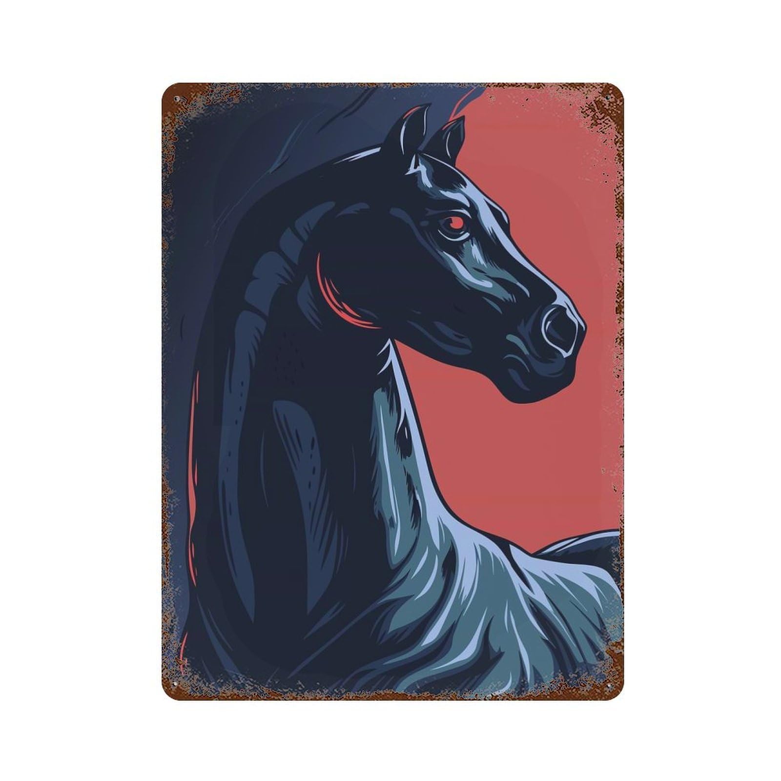 Distressed Metal Wall Sign Stylized Black Horse Portrait on Red 15.7"x11.8", Vintage Wall Decor for Cafe, Home Bar And Lounge Decor