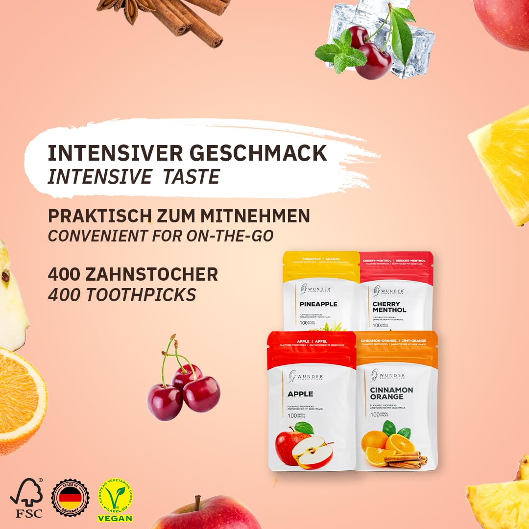Wunder Stuzzicadenti Aromatizzati – Set di 4 Confezioni - 100 Stuzzicadenti per Confezione - 4 Gusti Diversi - Ideale per Rinfrescare l'Alito e Uso Quotidiano