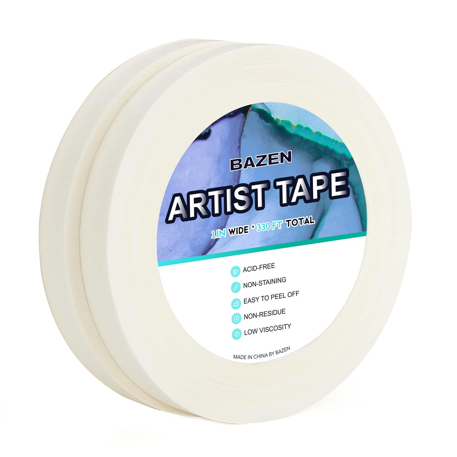 Bazen 2 Packs White Artist Tape for DraftingTape Acid-Free Watercolor Tape for Canvas Framing Painting 1inch Wide 330FT Long Total