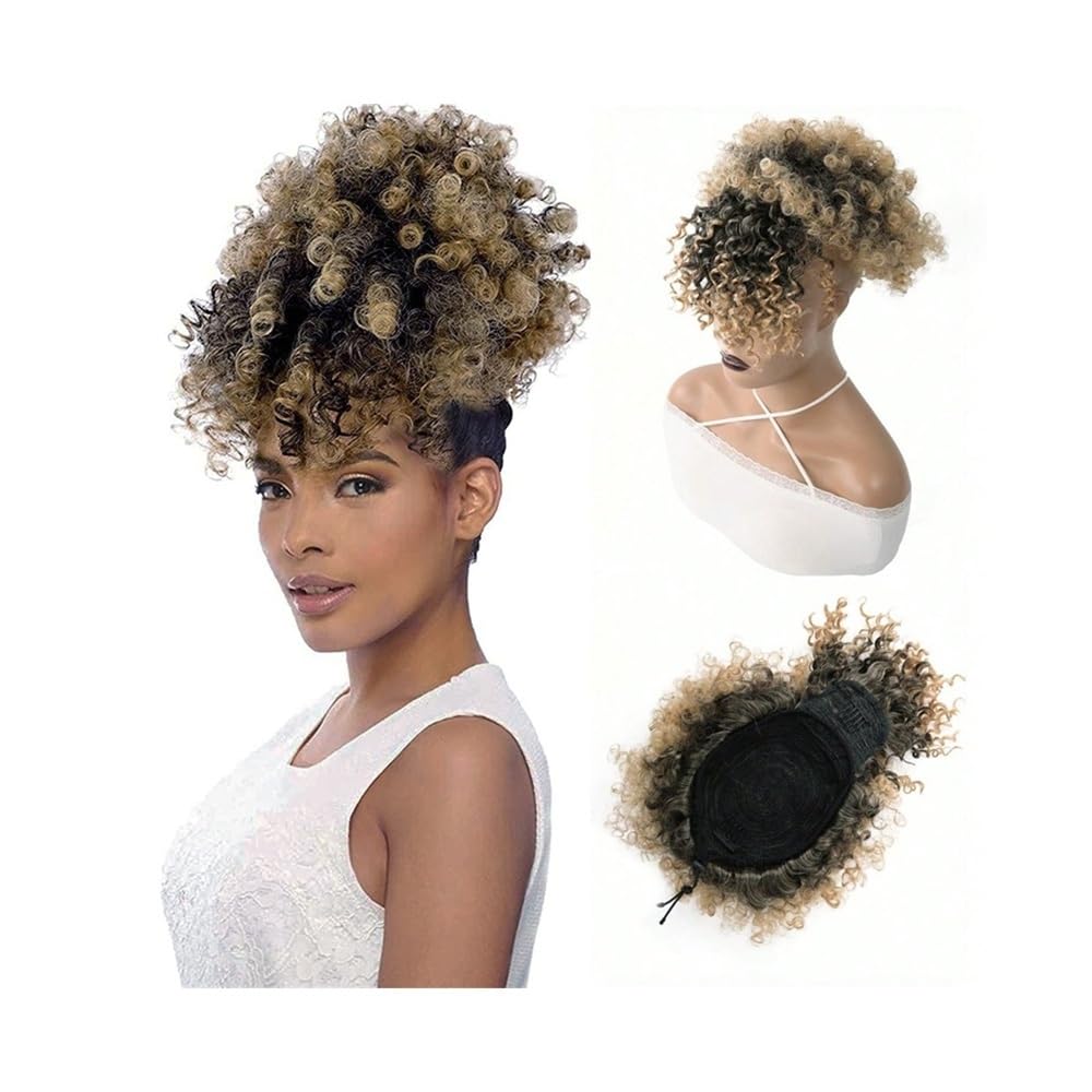 Lizhuzhuzs28 Women Afro Puff Drawstring Ponytail with Bangs Kinky Curly Hair Bun Hairpiece Pineapple Updo for Black Women Daily(1B)