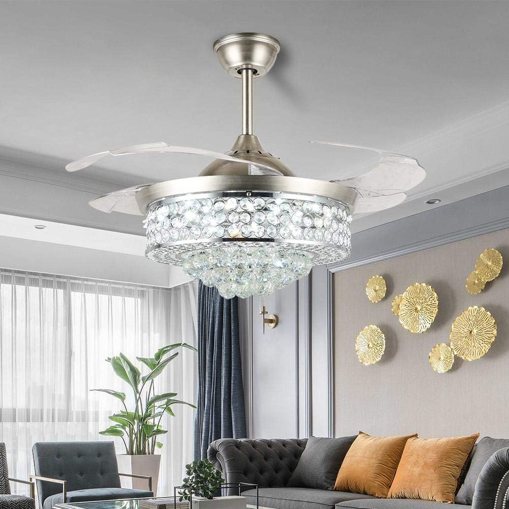A Million 42" Crystal Ceiling Fan with Light Retractable Blades Brushed Nickel Modern LED Chandelier Remote 3 Colors 3 Speeds Change Silent Ceiling Fans Light