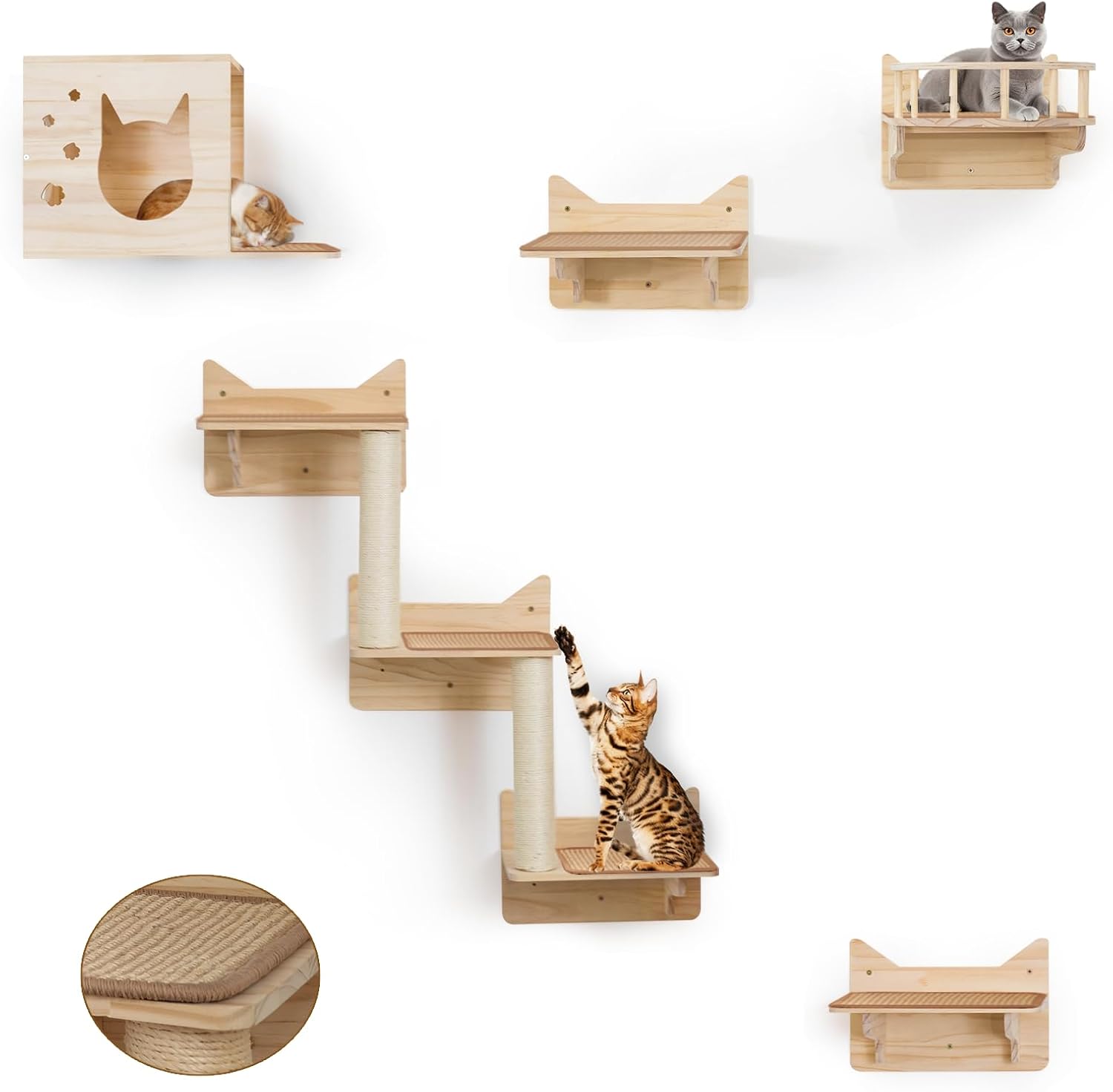 9-Piece Cat Wall Shelves and Perches for Wall, House, Lookout Tower, 2 Sisal Scratching Posts, 5-Step Wall Ladder, 7 Sisal Mat, Ideal Shelves for Wall - Sturdy Cat Wall Shelves for Large Cats wall mounted cat furniture