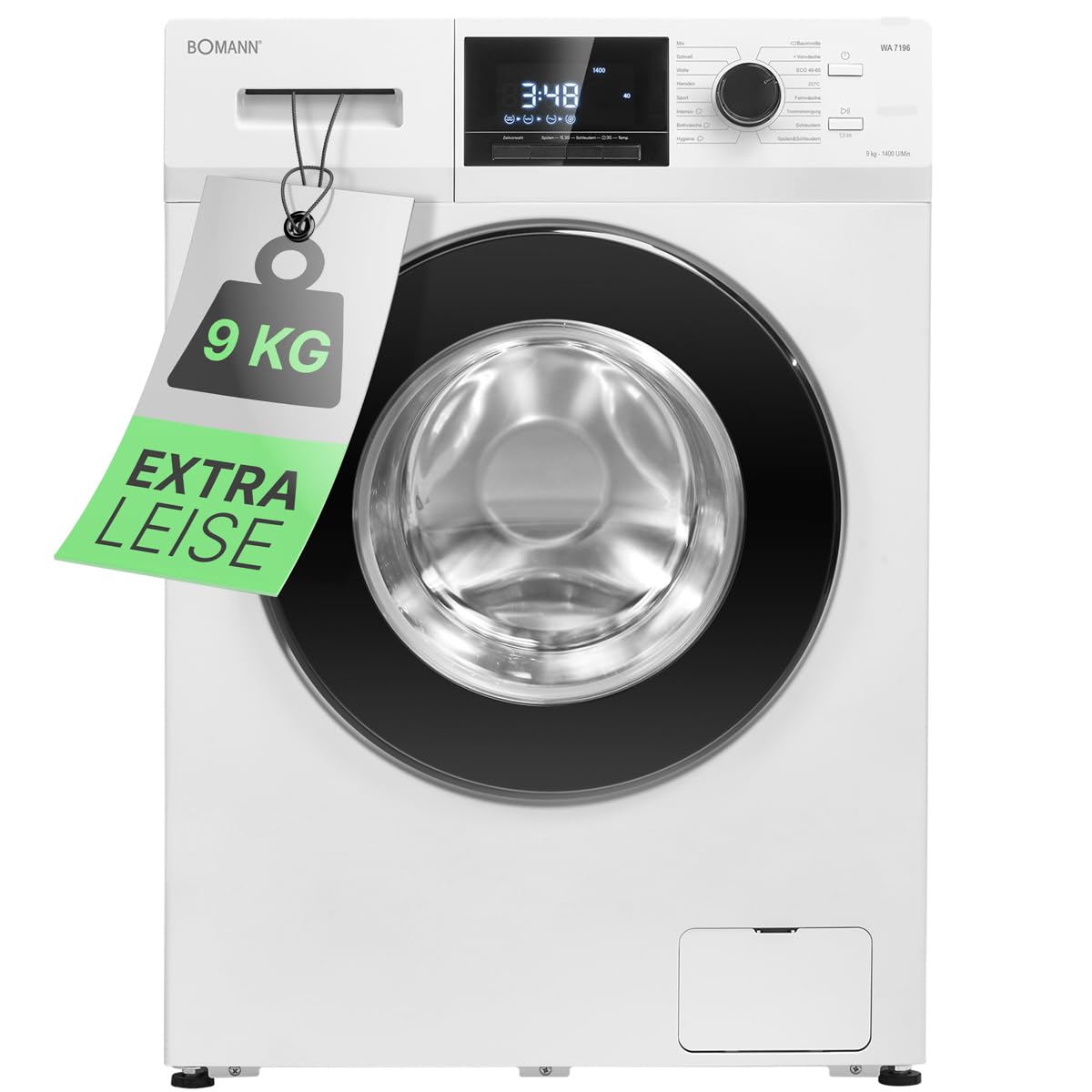 Bomann® Waschmaschine 9kg | inkl. Aqua-Stop | 1400 U/min | Bürstenloser DC-Motor: effizient, leise und langlebig | bis 95°C | 16 Programme | Endzeitvorwahl | Washing Machine | WA 7196