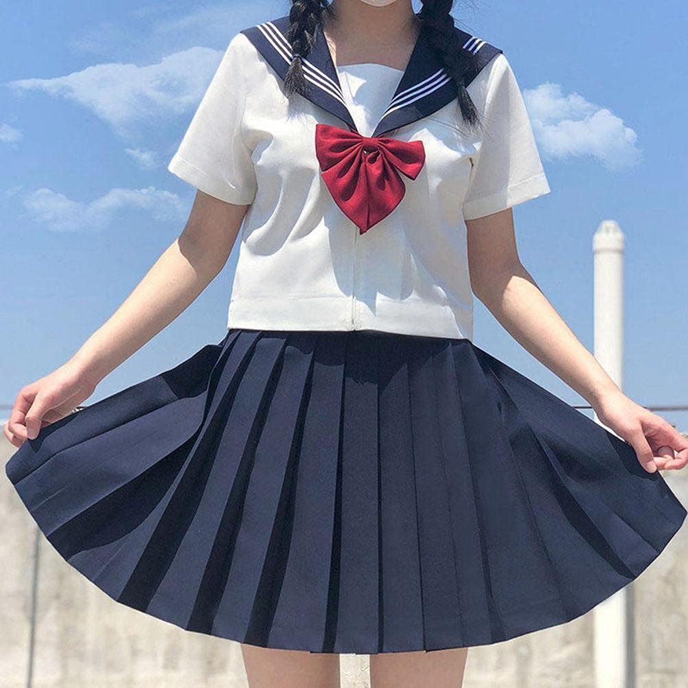 White Schoolgirl Uniform Japanese Long Sleeve Sailor Suit Sailor School Uniforms, Casual Style Normal Wear for Daily, Cute Style for Young Girls, with Pleated Skirt (#4)