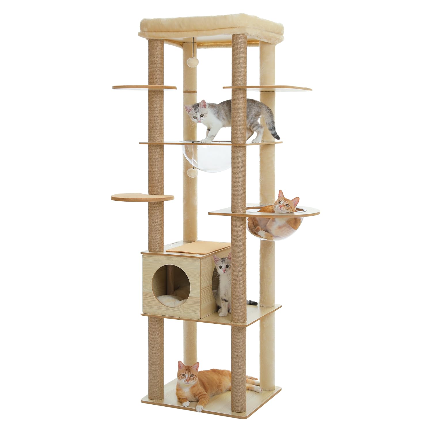 PETEPELA Árbol rascador para gatos grandes, 181 cm, madera multietapa, con gran cueva, hamaca grande y más columna para rascar, color beige