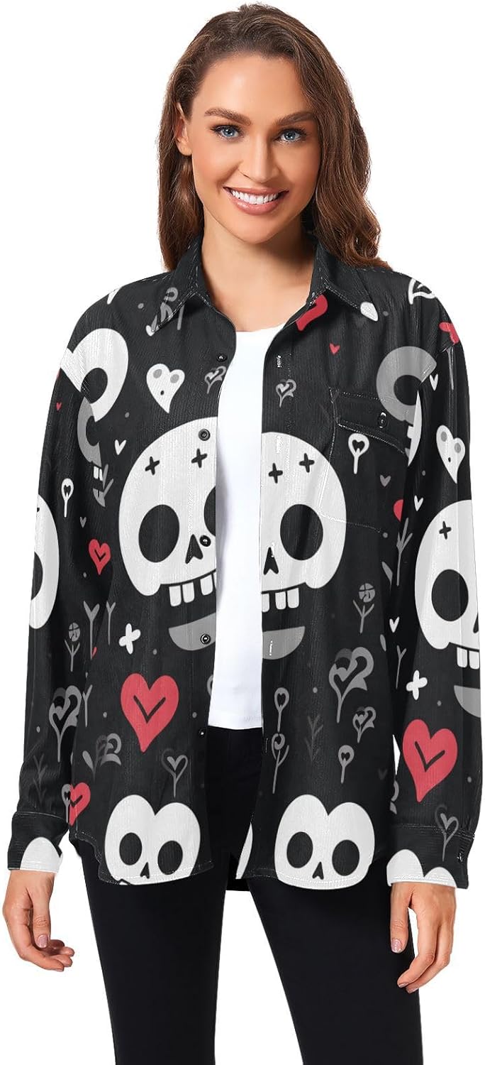 Funny Skull Heart Black Woolen Cord Fabric Mens Rugby Shirts Long Sleeve for Women Sports with Pockets