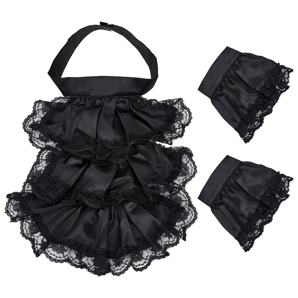 CRAFTYMELODY Victorian Lace Jabot Cuffs Set Black Colonial Lace Jabot Cuffs Collars Victorian Steampunk Chiffon Neck Ruff Collar Floral Ruffled Costume Accessories for Halloween Cosplay Party