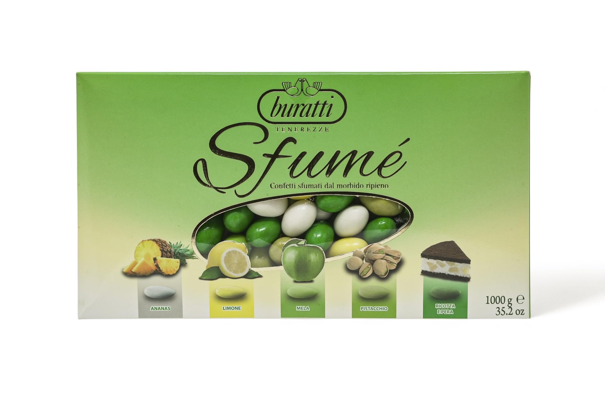 Buratti Confetti con Mandorle Tostate Ricoperte di Cioccolato, Bianco ai Molteplici Gusti, Tenerezze Sfumè Verde - 1000 g (Confezione da 2)