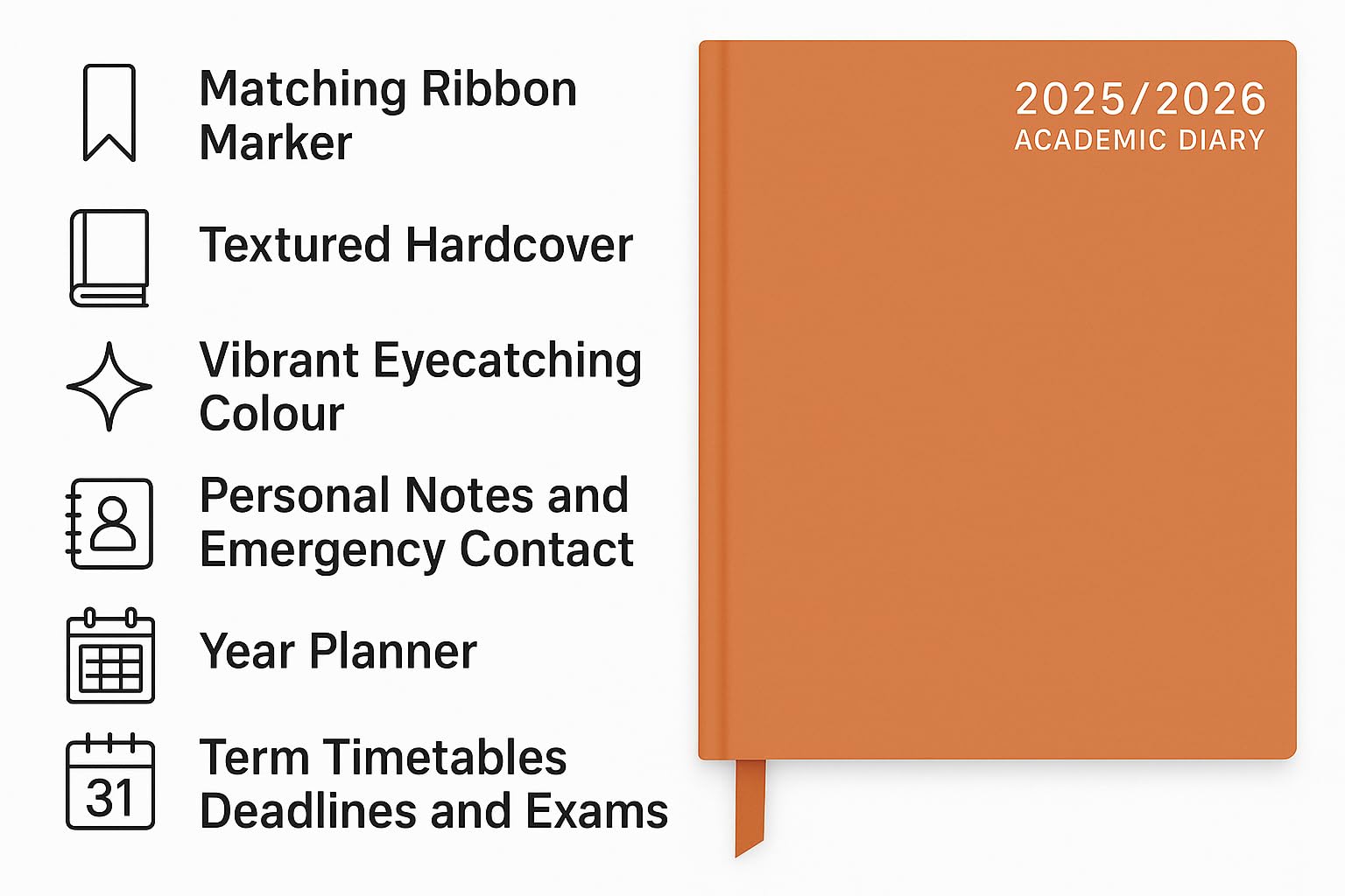 2026-2027 A4 Day Per Page Academic Diary Hardback Textured Cover with Ribbon Marker Orange Student Teacher Planner - Image 3