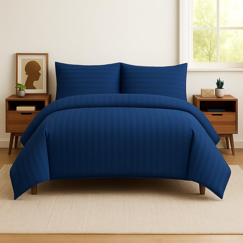 MGB Hotel Quality Satin Stripe Duvet Cover Set – 300 TC Soft Wrinkle Resistant & Breathable Bedding Quilt Cover With Pair Pillowcases (Blue, Super King)