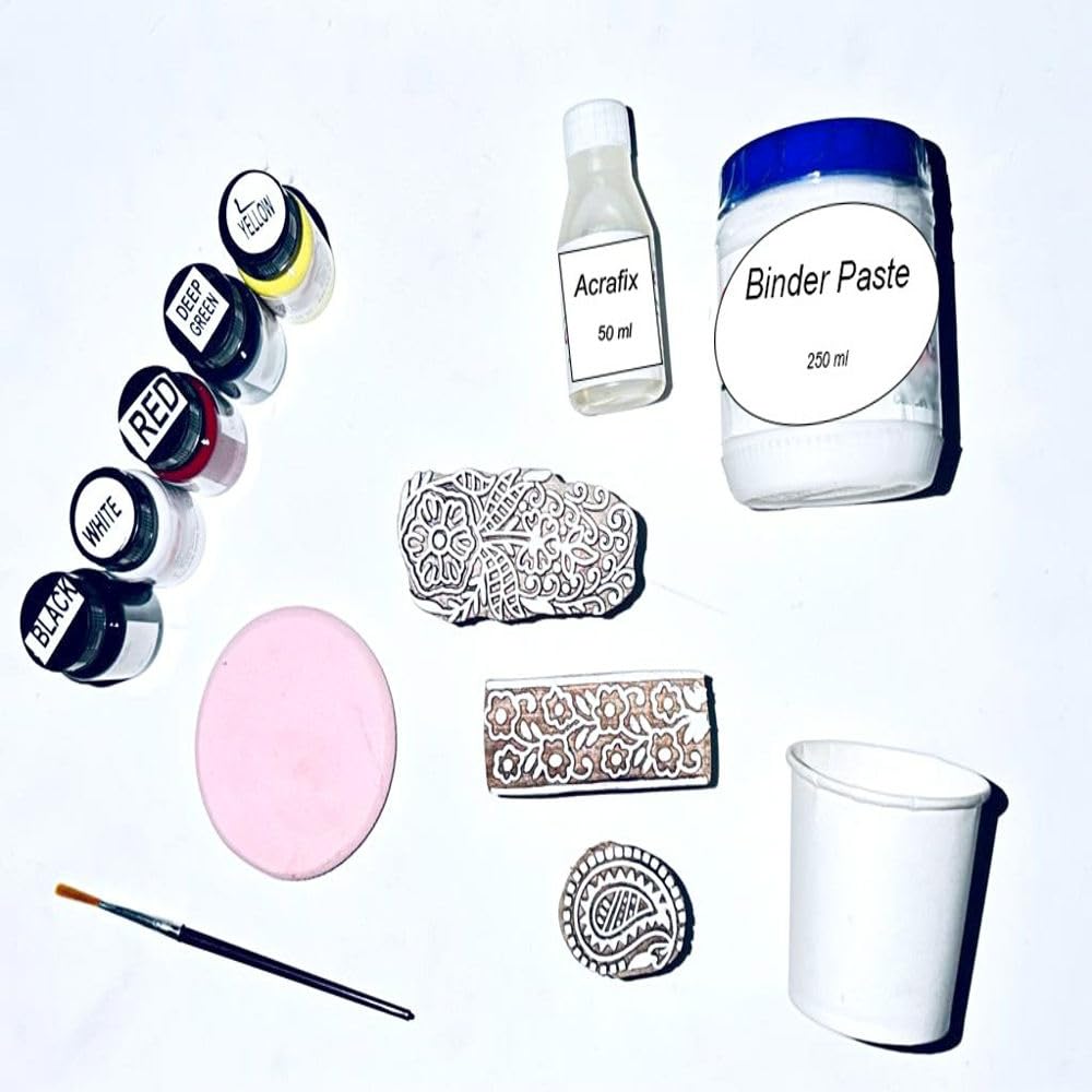 KHUSHA CREATIONSUltimate Block & Screen Printing Kit/Pigment Acryamine dye, Binder 250 ml, Acrafixer, Blocks Brush & Foam Combo/DIY Printing Kit/Hobby Craft