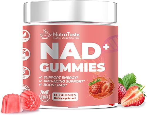 NAD+ - Suplemento de gomitas para antienvejecimiento, energía y refuerzo de concentración, resveratrol, ribósido de nicotinamida, sabor a fresa,