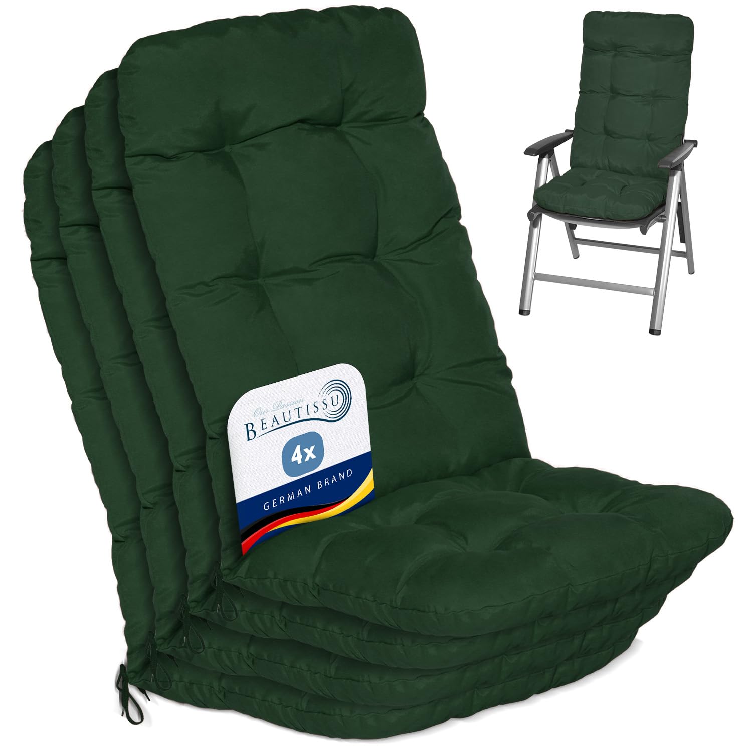 Beautissu Set of 4 Highback Garden Chair Cushions Set 120x50x8 cm - Dark Green Outdoor Seat Cushions for Garden Chairs with Backs Pillows for Recliner Patio Sunbed Bench - Flair HL