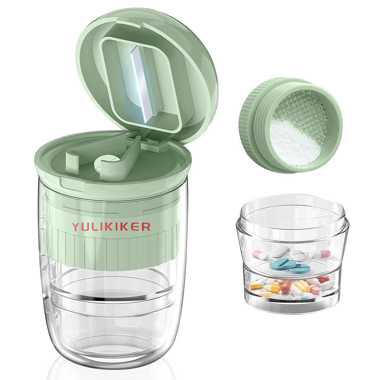 CoolShef 4-in-1 Pill Crusher and Cutter with Dispenser, Stainless Steel Blade for Small or Large Pills, Crushes Pills, Vitamins, Tablets Crusher to Powder, Medicine Crusher for Easy Consumption, Removable Drinking Cup (Green)-image-12