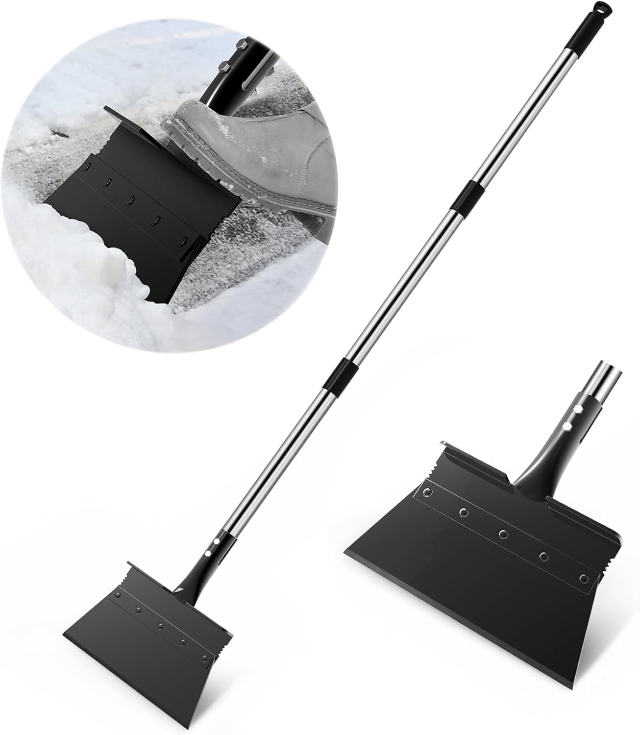 Snow Shovel, EOMEOH Ice Scraper Heavy Duty, 11"Wider Garden Flat Floor Scraper with 53" Long Adjustable Handle, Multifunctional Gardening Spade Shovel, Cleaning Scraper for Driveway, Weed, Lawn Edging Black